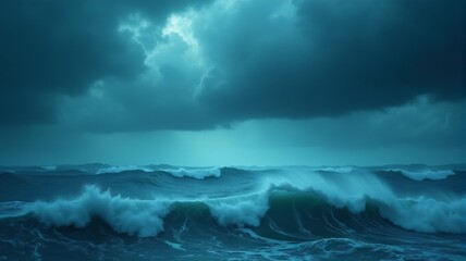 Fototapeta premium Hurricane Over the Ocean, A stormy ocean with huge waves crashing beneath dark, swirling clouds as the hurricane churns offshore.