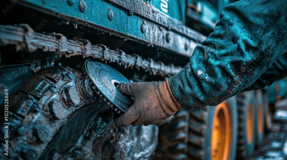 Poster a gloved hand holding a circular part of a large vehicle