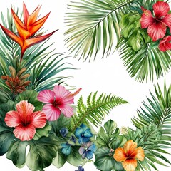 Fototapeta premium tropical leaves and flowers, hibiscus and others, fringing a white background in the corners, leaving a clean place in the center