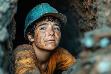 Fototapeta premium A miner emerging from a dark tunnel, dust and sweat covering their face, but a sense of relief in their expression, Realism, Earth tones, Harsh lighting