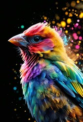 Fototapeta premium a bird in flight in bright colors on a dark background in a dispersed flight