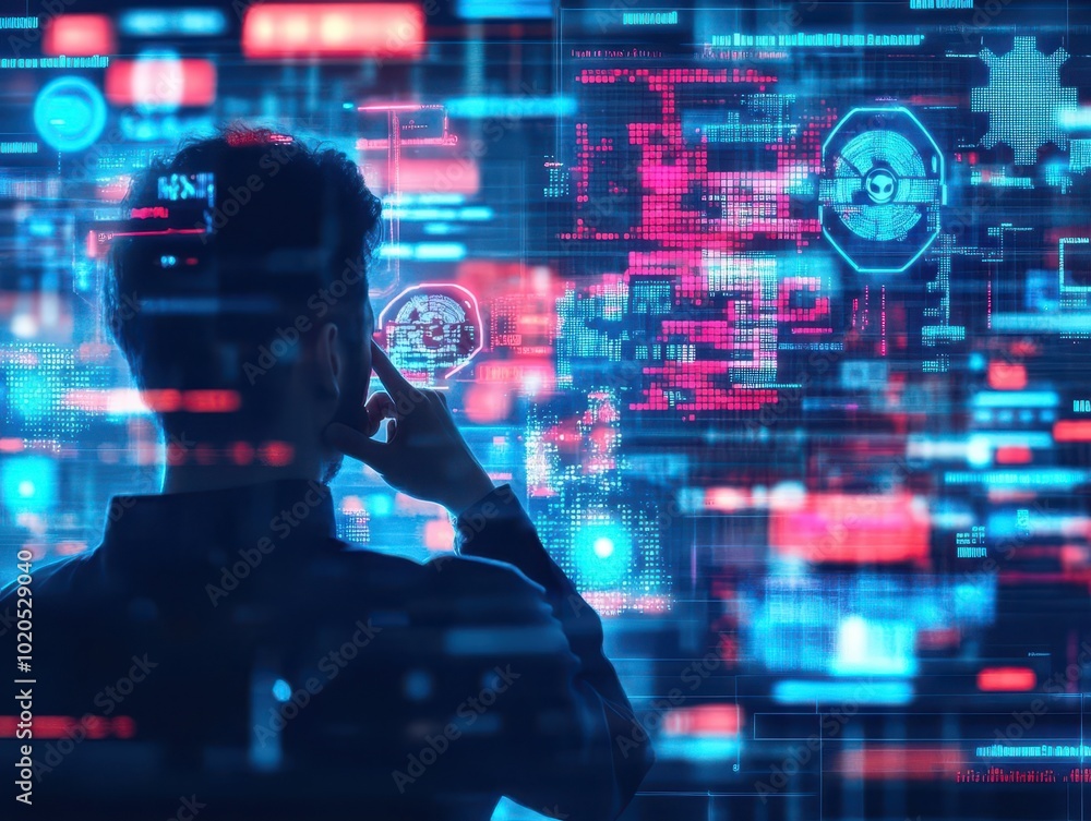 Fototapete a person deep in thought, surrounded by floating holographic data visualizations and ai symbols, cyb