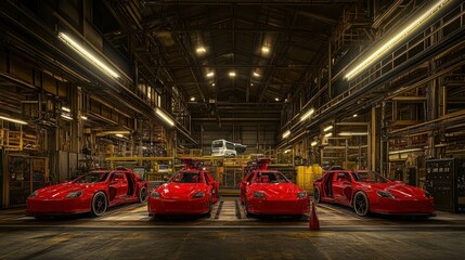 Four Red Sports Cars Parked In A Factory Setting