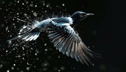 Naklejka premium a bird in flight in gray colors on a dark background in a dispersed flight