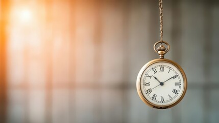 A vintage pocket watch hanging from a chain, with its shadow reflecting time as it swings slowly in a dimly lit room