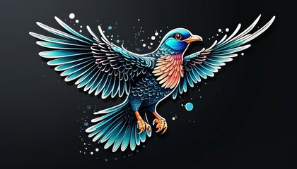 Obraz premium a bird in flight in bright colors on a dark background in a dispersed flight