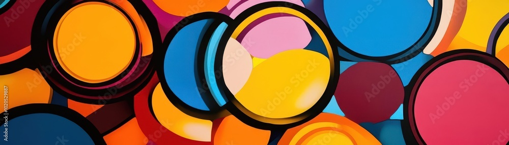 Poster abstract geometric circles in sharp edges, layered in bright primary colors, creating a dynamic mode