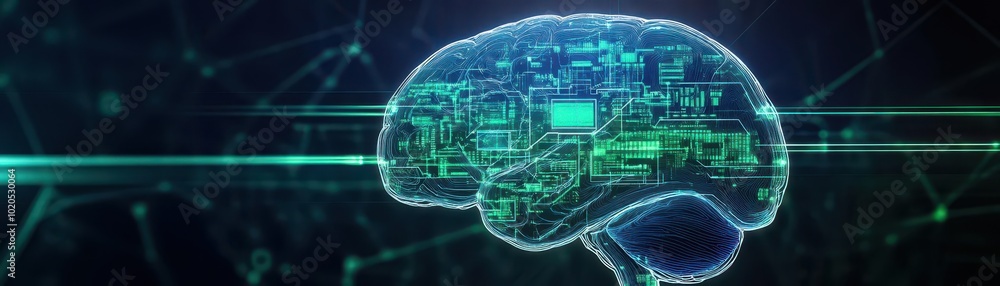 Poster AI brain dissected into glowing holographic layers, each layer representing different types of data analysis, detailed, glowing green and blue lines