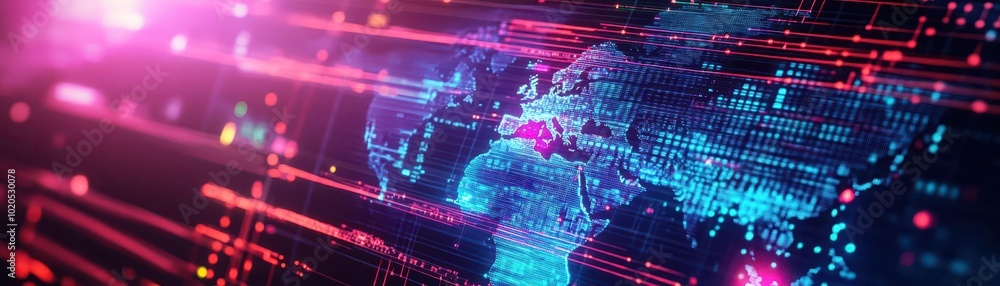 Leinwandbilder AI conducting a realtime analysis of global data streams, holographic world map, vibrant data lines flowing through, digital scifi aesthetic, glowing lights