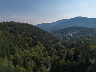 Mountain valley in Sudeten mountains, landscape, drone view Poland