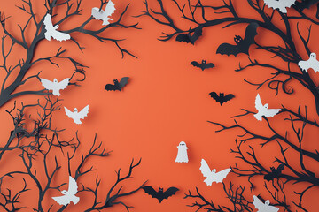 Black bats and white ghosts on an orange background in a flat lay style, creating a spooky Halloween concept with paper cutouts and ample copy space.
