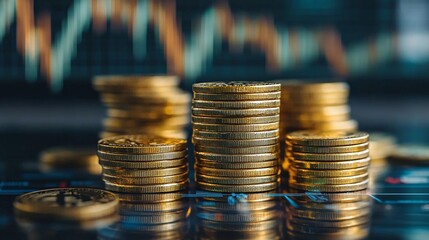 stacks of gold coins alongside a stock market chart showing rising prices symbolizing the growth of investment value and the increasing importance of gold in financial markets
