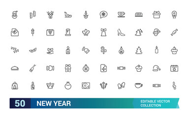 New year icons set. Abstract, happy new year, gift, festival and more, minimal thin line web icons collection. Editable stroke, vector illustration.