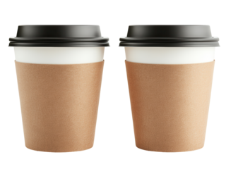 Eco friendly coffee cups with brown sleeve and black lids isolated on a white background, transparent background.