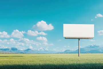 Billboard in rural countryside, fields and mountains, 3D illustration