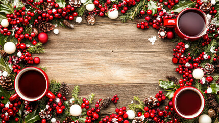 A red and white Christmas wreath with two red cups in the center