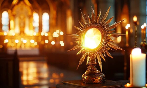 A golden monstrance illuminated in a serene, sacred space.