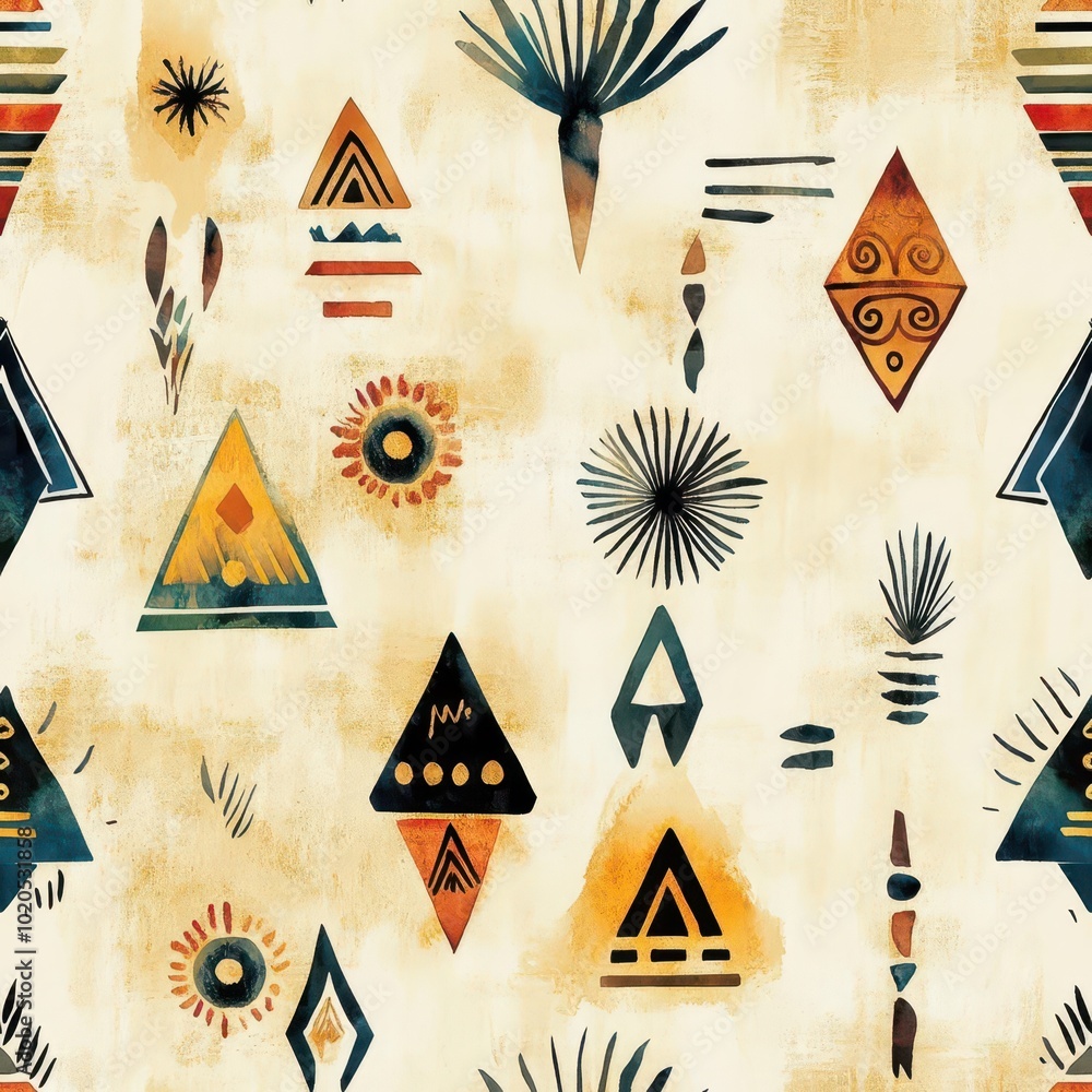 Poster bold geometric ethnic shapes rendered in soft watercolor tones, blending intricate lines and symbols