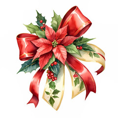 Watercolor painting of a red bow with holly, poinsettia and green foliage isolated on a white background.