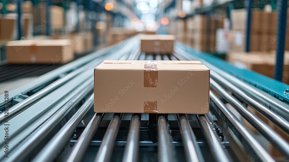 Poster modern warehouse with automated conveyor belts and package sorting exemplifying efficient micro-fulf