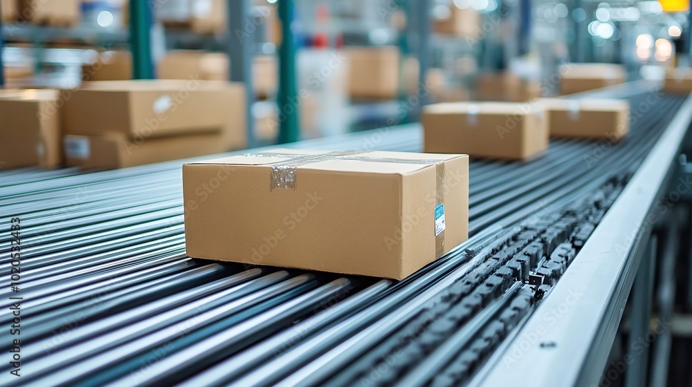 Poster modern warehouse with automated conveyor belts and package sorting exemplifying efficient micro-fulf