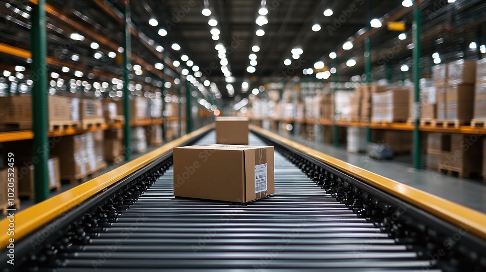 Poster modern warehouse with automated conveyor belts and package sorting exemplifying efficient micro-fulf