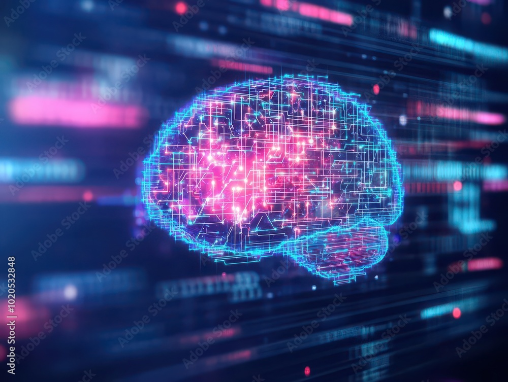 Aufkleber Digital brain with electrical pulses representing ideas and creativity, floating in a void filled with holographic data streams, abstract, neon color scheme