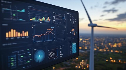 digital energy data analytics dashboard with graphs and statistics in front of a wind turbine illustrating the modern approach to power production monitoring and renewable energy management