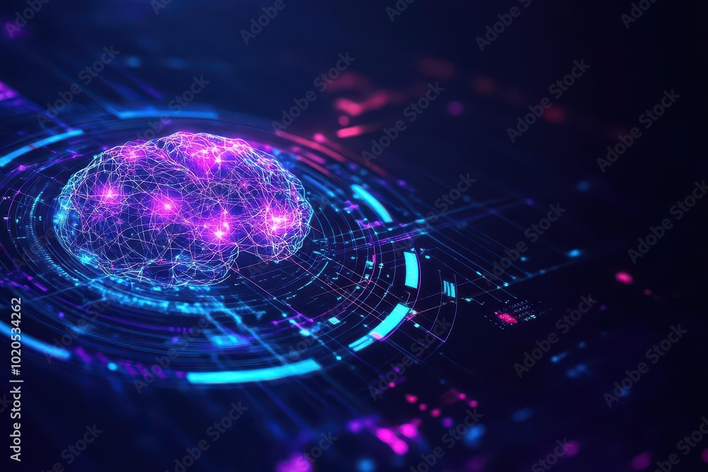 Poster futuristic brain analysis tool showing holographic neural networks and synaptic connections, techy, 
