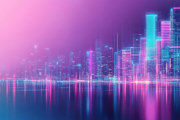 Fototapeta premium Futuristic skyline with neonglowing buildings, deep purple sky, sleek, modern architecture