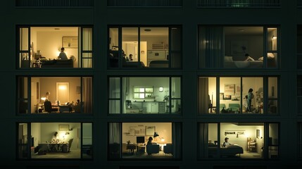 Residents in an apartment building engage in various evening activities during a quiet night showcasing nighttime routines