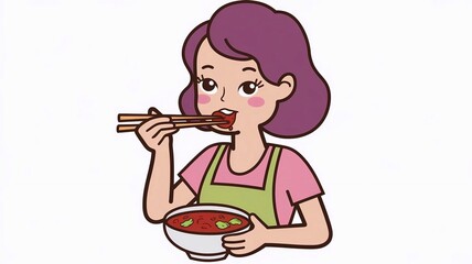 A vector illustration of a cute woman eating chili with chopsticks. She has purple hair and is wearing a pink shirt and a green apron. The chili is in a bowl, and the woman is using chopsticks to eat