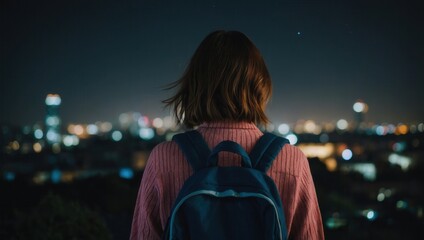 Woman in pink sweater with backpack gazing at city skyline at night