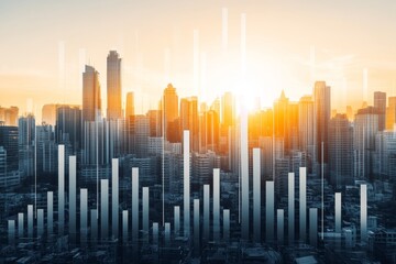 Cityscape Skyline With Overlaid Stock Market Charts, Business Growth, Investment, Finance