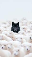 Fototapeta premium A striking image of a black wolf standing out amongst a herd of white sheep, symbolizing individuality, courage, and being different in a crowd.