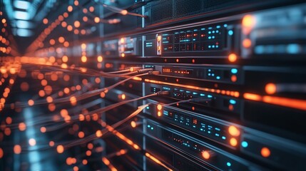 Obraz premium complex network infrastructure with network cables connected to servers highlighting the secure and efficient data flow and storage solutions essential for modern internet and cloud computing
