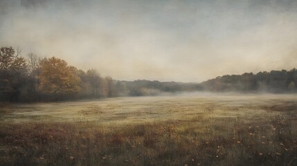 Fototapeta premium An autumn meadow in the early morning, covered in a soft layer of mist. The once green grass is tinged with shades of gold, brown, and rust as the season transitions