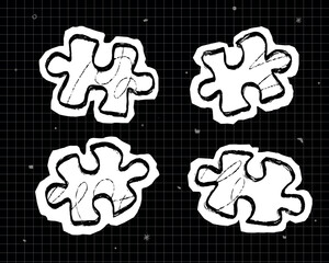 Black and white hand-drawn puzzles on pieces of torn paper. Monochrome design elements.