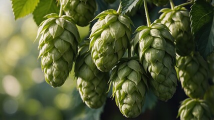 Fototapeta premium A bunch of hops is growing on a tree branch, flourishing beautifully