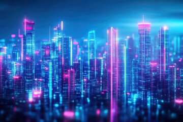 Fototapeta premium Neon city skyline, futuristic skyscrapers, glowing neon lights, vibrant cyberpunk aesthetic