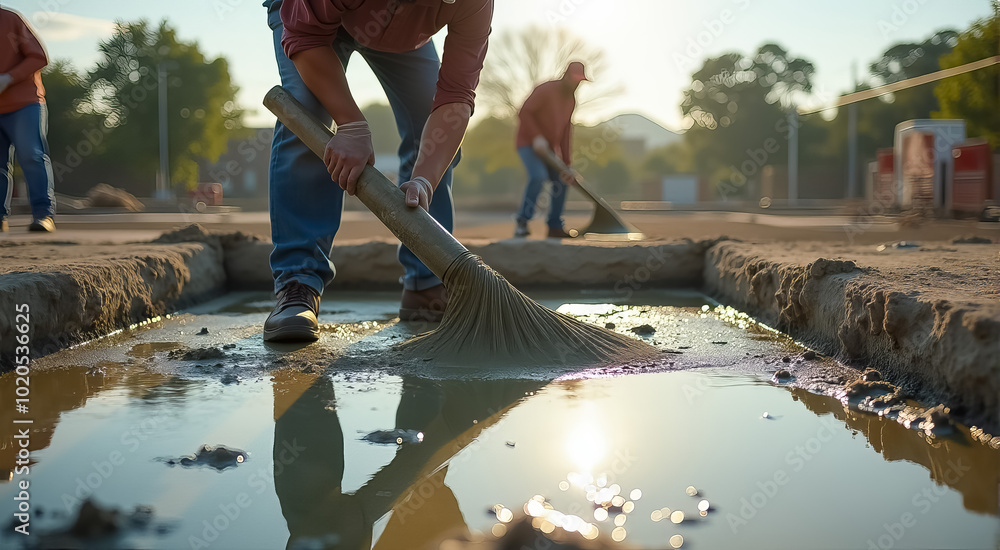 Wall mural a man is sweeping a puddle of water with a broom