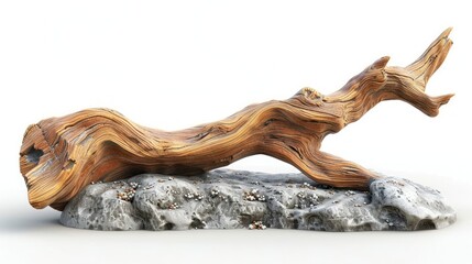 Fototapeta premium A weathered, gnarled tree branch lies on a bed of rocks, isolated on a white background.