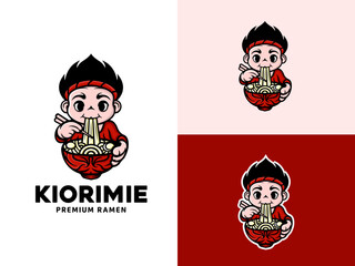 a cute chef is eating a bowl of ramen noodles in a bowl using chopsticks. mascot logo design for japanese food.