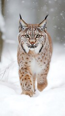 Fototapeta premium A lynx walking through a snowy landscape, showcasing its natural beauty and habitat.