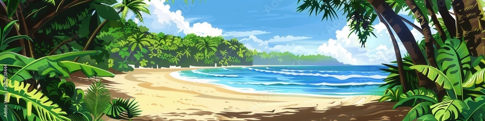Poster lush greenery from the tropical forest transitions beautifully to a sandy beach, where gentle waves 