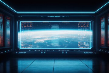 Space station interior, holographic control panels, vast futuristic windows, cosmic background