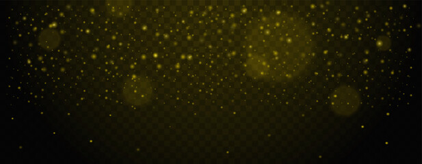 Fototapeta premium Golden glowing particles floating on transparent background. Abstract glittering dust, shiny sparkles, and bokeh effects