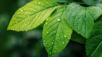 Close-up of green leaves with water droplets after rain.