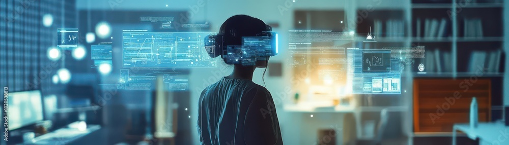 Leinwandbilder Teacher using augmented reality to teach a virtual class, with floating interactive digital textbooks and diagrams, futuristic, soft blue hologram, clean minimalist design