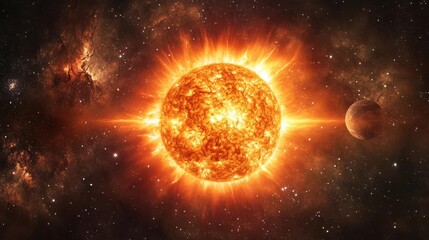 Obraz premium The sun as seen from space, surrounded by distant stars and planets, its intense glow creating a dramatic space backdrop